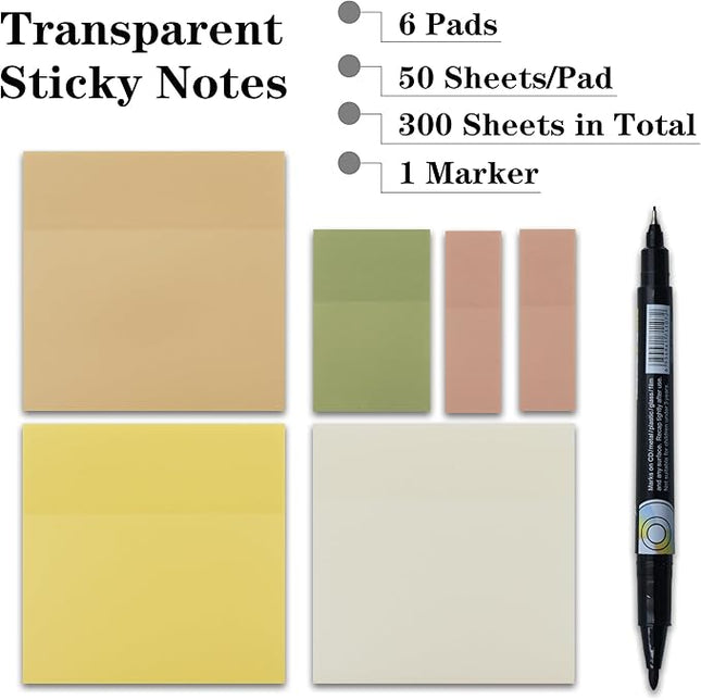Transparent Sticky Notes, 3"x3" Cute Translucent Page Flags Book Markers Stickers, Planner Accessories Sticky Notes, Office School Bible Journaling Study Supplies