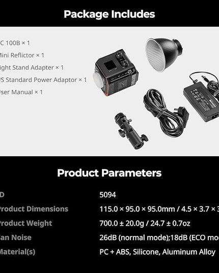 SmallRig RC 100B COB Video Light, Portable Bi-Color 2700-6500K Continuous Lighting, 100W Studio Light, APP Control, High CRI 97+ Spotlight for Photography & Video, Pro Version (Without Battery) 5094