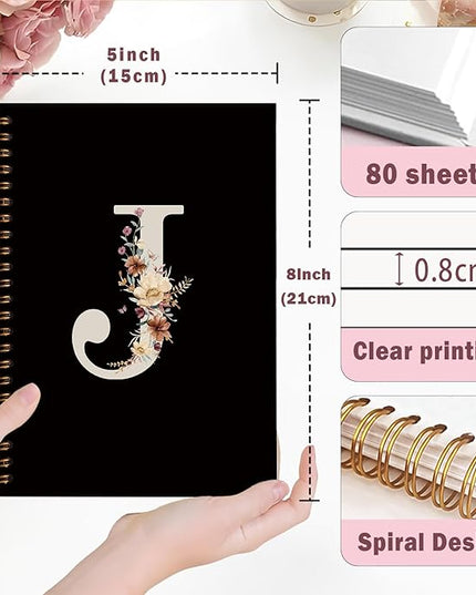 Lacama Black Initial Letter J School Notebook Journal, Cute Wildflower Personalized Spiral Notebook, School Supplies, Customized Monogrammed Gifts, Birthday Gifts for Women, Office Supplies