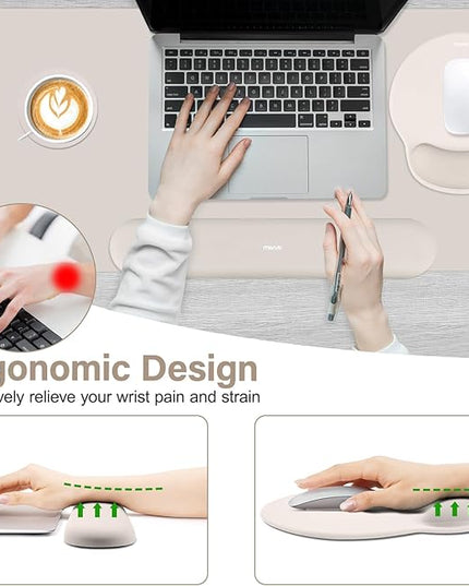 MOSISO Wrist Rest for Keyboard Mouse Pad Set, Large Gaming Deskpad&Circle Curved Mousepad&Keyboard Wrist Rest&Coaster, Ergonomic Non-Slip Mousepad&Easy Typing Pad with Silicone Lining, Stone Gray