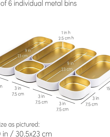 Three by Three Seattle 6 Piece Shallow Metal Organizer Tray Set for Storing Makeup, Stationery, Utensils, and More in Office Desk, Kitchen and Bathroom Drawers (1 Inch, Gold and White)