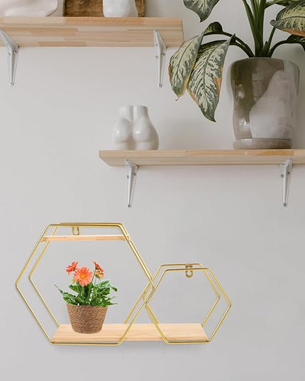 Hexagonal Wall Floating Shelf Metal and Wood Wall Shelves Gold Decorative Storage Rack for Bedroom Living Room Display and Home Organization