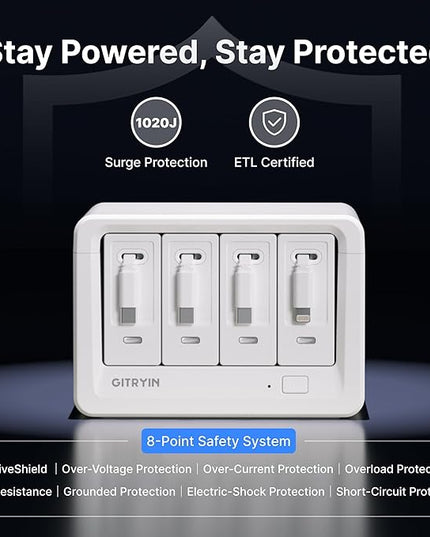 Gitryin 12-in-1 Desktop Charging Station with 3 Retractable Type-C Chargers and 1 Lightning Charger, 40W USB-C Power Strip with 33.5in Cable, Extension Cord with 1020J Surge Protection for Home Office