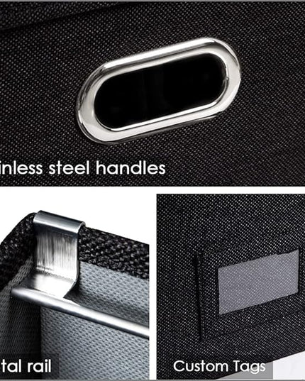 PRANDOM File Organizer Box - Set of 2 Collapsible Decorative Linen Filing Storage Hanging File Folders with Lids Office Cabinet Letter Size Black (14x9.3x10.8 inch)