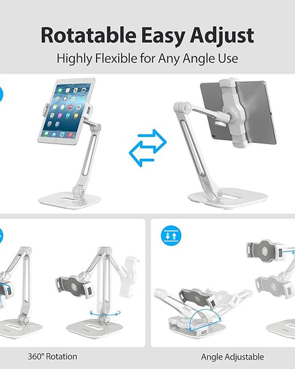 AboveTEK Multi-Angle Adjustable Tablet Stand, 360 Swivel iPad Stand Aluminum Desk Mount Fits 4'-11" Tablets White