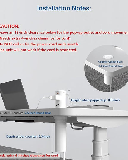 2.5 inch Hole Pop up Outlet for Countertop,20W USB C,4 USB Ports,4 Outlets 15Amp Tamper Resistant Receptacle Flush Mount,Space Saver Recessed Outlet,1875W,ETL Listed