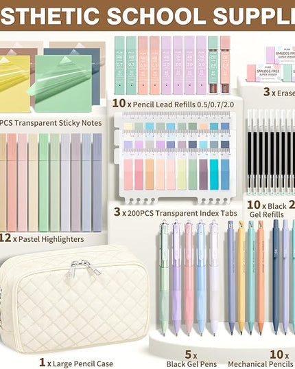 62PCS Aesthetic School Supplies with Cute Pencil Case, Pastel Highlighters Black Ink Gel Pens Mechanical Pencils Kit, Back to School Supplies College Essentials Preppy Stationary Set for Student Girls