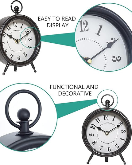 MACVAD Vintage Black Table Clock on Stand, Decorative Desk and Shelf Clock, Rustic Mantel Clock Farmhouse Clock Non-Ticking