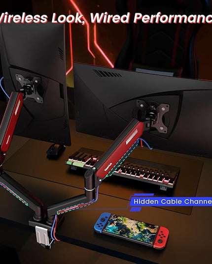 Dual Monitor Mount Gaming for Computer Screen 13-32" and up to 22 lbs,360° Rotation,+90° to -45° Tilt,180° Swivel,with C Clamp and Grommet Base,Integrated Cable Management,75x75/100x100 VESA,RED