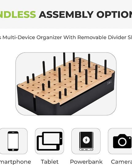 Prosumer's Choice Black Wooden Charging Station Organizer for Multiple Devices - Cable Management Box with 5 Slots and Removable Dividers - Charger Organizer for Phone, Tablet, Home, Office, 12"x6"x7"