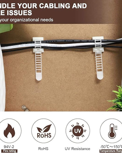50Pcs Adhesive Cable Management Clips with 50Pcs Zip Ties, Adjustable Nylon Cable Strap Ties Wire Clips Clamps Organizer, Extra Screw & Hole - 3.55 Inch White