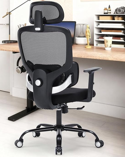 Office Chair Ergonomic Desk Chairs with Adjustable Lumbar Support & Headrest, Mesh High Back Home Office Desk Chairs with Adjustable Height Armrests, Comfy Swivel Task Computer Chair