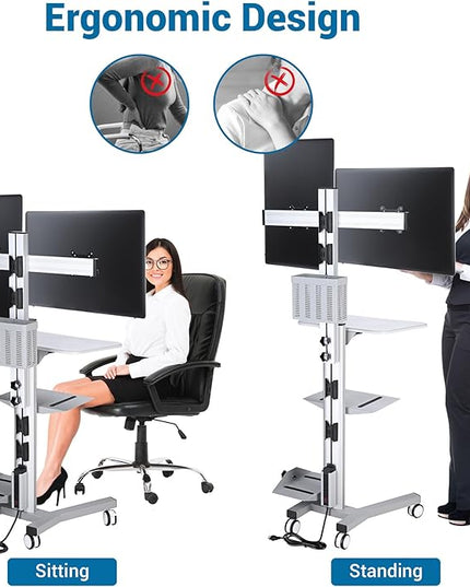 Yescom Mobile Computer Cart Rolling PC Stand Desk Workstation Dual Monitor Mount with Wheels Adjustable Keyboard Tray CPU Printer Holder for Hospital Clinic School Office Silver