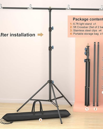 LINCO Lincostore Zenith Portable T-Shape Background Backdrop Stand Kit 5x6.7ft - 5ft Wide (Fixed) and 6.7ft High (Adjustable)- Lightweight Only 4 Lbs Easy to Carry and Storage Black