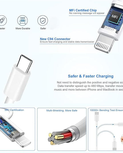 Extra Long 10FT iPhone Fast Charger,i Phone Charger Fast Charging【MFi Certified】2Pack 20W PD Fast USB C Charger Block + 10Foot i Phone Charging Cable Cord for iPhone 15/14/13/12/11/XS/XR/SE2022/8/iPad