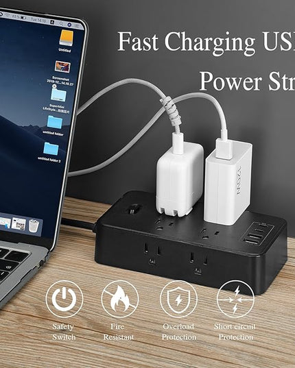 10FT Power Strip Extension Cord Surge Protector with 8 Outlets and 2 USB & 2 USB-C Port(5V 3.1A),Bold Extension Cord with Fuse Surge Protected Power Strip for Home Office (Black)