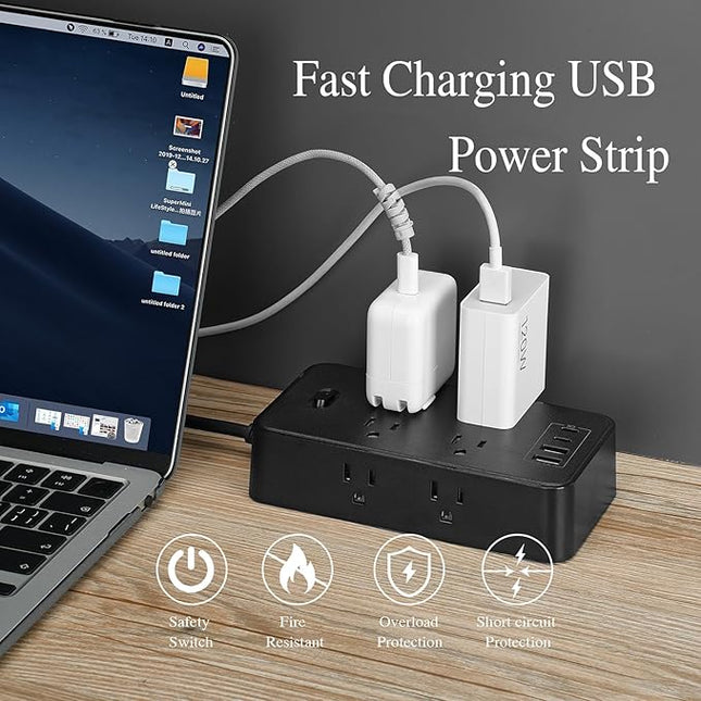 10FT Power Strip Extension Cord Surge Protector with 8 Outlets and 2 USB & 2 USB-C Port(5V 3.1A),Bold Extension Cord with Fuse Surge Protected Power Strip for Home Office (Black)