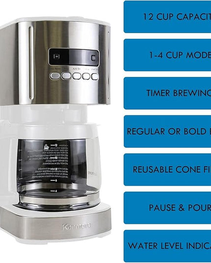 Kenmore Drip Coffee Maker - 12 Cup Programmable Cafe Machine With Glass Pot, Regular & Bold Brew, Auto Shut Off Large Water Reservoir, Reusable Filter, Kitchen Appliances For Cafeteria Barista, White