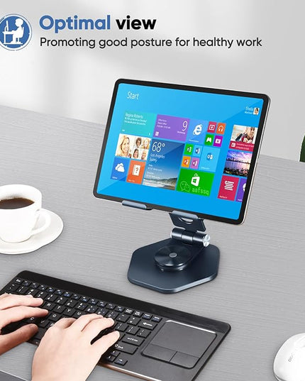Foldable Aluminum Tablet Stand for Desk, 360° Swivel iPad & Tablet Holder – Portable & Stable Desktop Mount for 5–12.9in Devices, Dark Grey