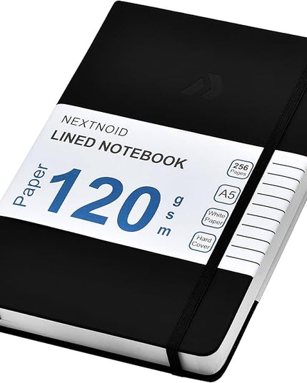 Nextnoid Hardcover Lined Journal Notebook - 120 GSM Thick Paper, Medium A5-256 Pages - Perfect For Writing, Journaling and Note-Taking (Black, Ruled)
