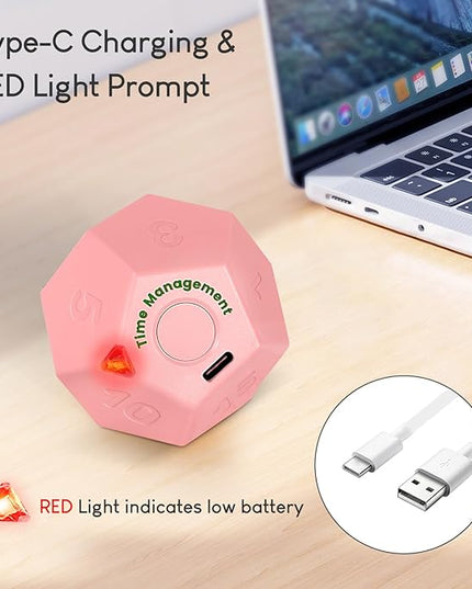 Pomodoro Timer, 11 Preset Time Productivity Timer, Ring/Vibrate Mode Productivity Cube, Type C Rechargeable Kitchen Cooking Timer for Cooking, Learning, Exercise and Beauty-Pink
