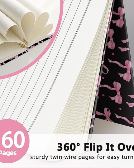 LIANGW Coquette Pink and Black Bow Notebook Journal for Teen Girls & Women, Preppy Cute Journal Gifts for Women, Pink Girly Gifts, Black Office Supplies, Hardcover Spiral Notebook, 5.5x8.3 Inch