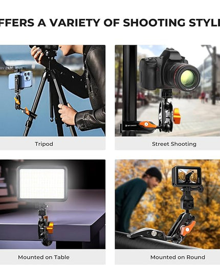 K&F CONCEPT Camera Clamp Mount, Super Clamp Mount Magic Arm with Two 360° Ball Heads, ARRI 1/4" Screw Threads for DSLRs, Action Camera, Tripod, Phone Compatible with Gopro/DJI/Insta360