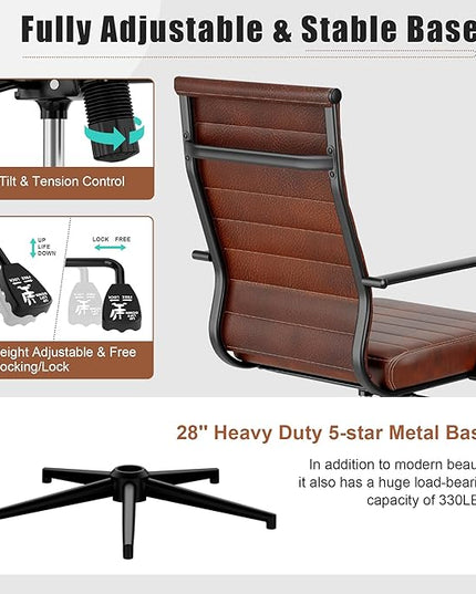 Okeysen Genuine Leather Office Desk Chair, Mid-Century Modern Real Leather Conference Room Chairs, Ergonomic Executive Ribbed Height Adjustable Swivel Rolling Chair for Home Office.