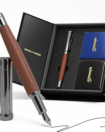 WEMATE Fountain Pen Set, Fine Nib with 20PCS 2.6MM Ink Cartridges(10 Black&10 Blue),1 Ink Converter, Nice Luxury pen for Men, Women, Cool Wooden Fountain Pen for Writing, Journaling, Calligraphy