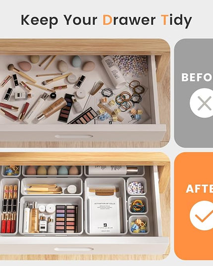 A-LuGei 【𝟮𝟴𝗣𝗖𝗦】 【𝟱𝗦𝗶𝘇𝗲】 White Drawer Organizer, Makeup organizer, 【Holds 177 Items】 Bathroom Organizers and Storage, Plastic Desk Organizer Divider, Organizer Bins for Office Vanity