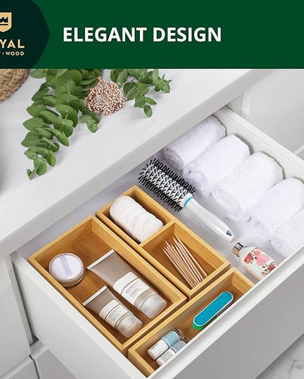 ROYAL CRAFT WOOD Luxury Bamboo Drawer Organizer Storage Box, Bin Set - Multi-Use Drawer Organizer for Kitchen, Bathroom, Office Desk, Makeup, Jewelry (3 Boxes)