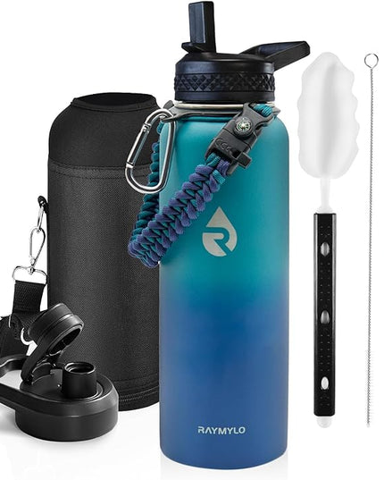 Insulated Water Bottle 40 oz, Triple Wall Vacuum Stainless Steel (Cold for 48 Hrs), Leak Proof & Non-BPA, Modern Water Flask Jug with Paracord Handle & Straw Spout Lids, Cyan Blue