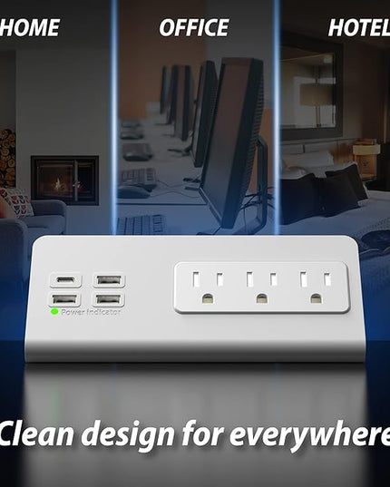 Nightstand Edge Mount Power Strip with USB-C Ports Tabletop Surge Protector Desk Clamp Power Sockets with 3 AC Outlets &4 Fast Charging USB Ports for Home Office Hotel and Dormitory (White(2-Pack))