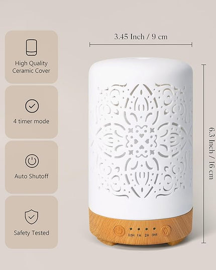 Earnest Living Essential Oil Diffuser White Ceramic Diffuser 100 ml Timers Night Lights and Auto Off Function Home Office Humidifier Aromatherapy Diffusers for Essential Oils