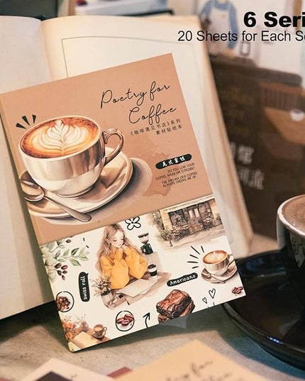 MiyouLuna 6Pcs Coffee Sticker Books, PET&Washi Stickers for Scrapbooking, DIY Crafts, Journaling Supplies & Junk Journal Ephemera