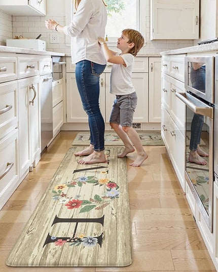 KIMODE Anti Fatigue Kitchen Mats for Floor 2 Piece,Farmhouse Floral Rugs Cushioned,Comfort Memory Foam Carpet Non Slip for Sink Laundry Office Bathroom,Beige 17"x47"+17"x29"