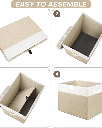 Large 22 Quart Linen Fabric Foldable Storage Bin Cube Organizer Basket with Flip-Top Lid & Handles, Clothes Blanket Box for Home, Office, Closet, Beige & White, 4 Pack 14.6 x 9.5 x 9.5”