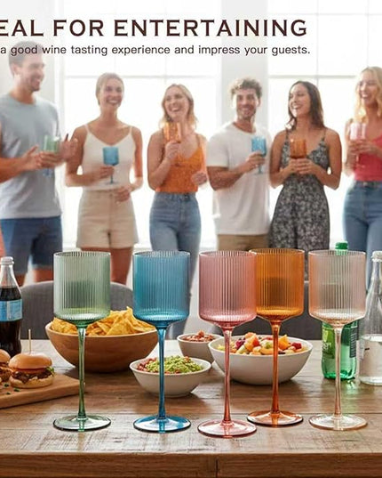 Colored Square Wine Glasses Set of 6, Elegant Ribbed Design Colorful Crystal Glassware with Long Stem, 11.5oz Hand Blown Stemware For Red & White Wine Home Bar Party- Multicolour