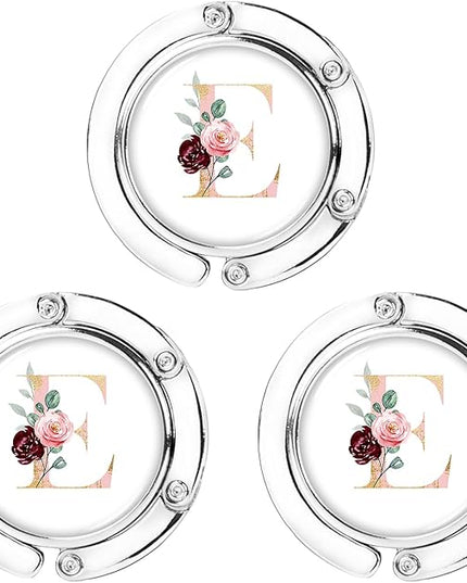 Iqimott 3pcs Personalized Initial Foldable Purse Hook for Table, Flower Letter Folding Handbag Hanger Portable Magnet Table Hook Holder, Collection Desk Purse Hooks for Women Bag (Pink-E)