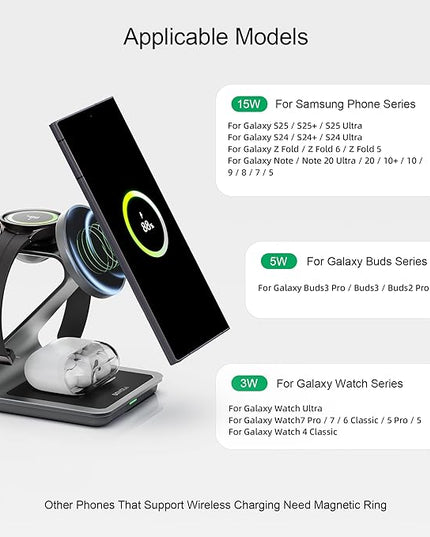 Bonola Wireless Charger for Samsung: Magnetic 3 in 1 Wireless Charging Station for Samsung S25 S24 Ultra S23 S22 S21, Aluminum Alloy Charger Dock Stand for Galaxy Watch Ultra/7/6/5/4, Buds 2/2 Pro