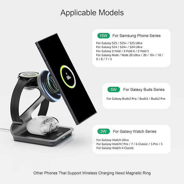 Bonola Wireless Charger for Samsung: Magnetic 3 in 1 Wireless Charging Station for Samsung S25 S24 Ultra S23 S22 S21, Aluminum Alloy Charger Dock Stand for Galaxy Watch Ultra/7/6/5/4, Buds 2/2 Pro