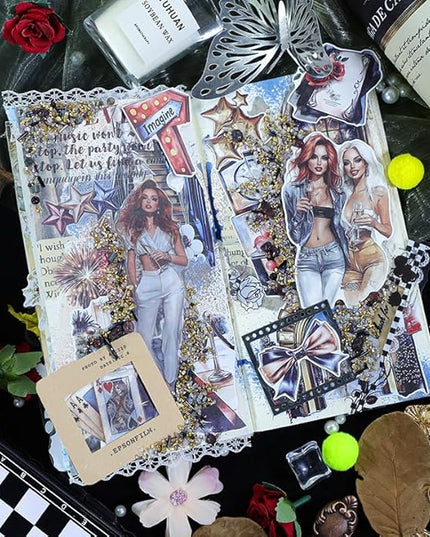 Dwpetzo Celebration Party Scene Scrapbook Sticker Book for Scrapbooking, 20 Sheets Pre-Cut PET Paper Washi Stickers for Journaling, Junk Journal Supplies, Craft Arts, Albumn, Bujo
