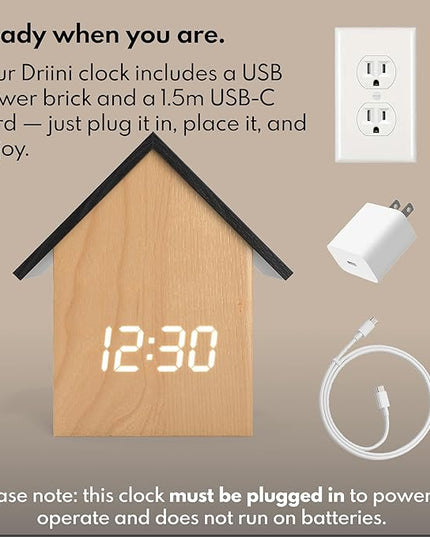 Driini Digital House-Shaped Alarm Clock with Temperature Display (Light Wood) – Modern Aesthetic - Cute Cube Frame and White LED Dimmer - Perfect Small Desk Clock for Bedside Table or Bedroom Mantle