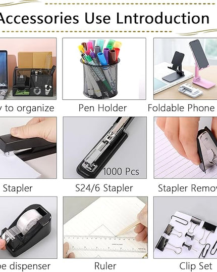 Office Supplies,Desk Accessories,Stapler and Tape Dispenser Set,1000 Staples,Staple Remover,Pen Holder,Folding Phone Holder,Journal Notebook,Ballpoint Pen,Scissor,Ruler,Clear Tape,Sticky Notes,Ect