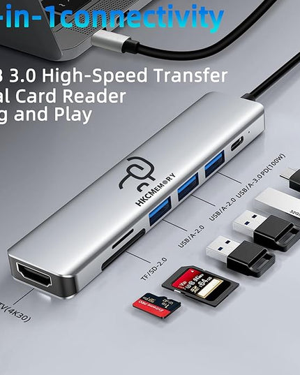 USB C Hub 7-in-1 with 4K HDMI Splitter, 100W PD Charging, USB 3.0/2.0 Ports, SD/TF Card Reader & USB-C Data, Multi-Port Adapter Dongle for MacBook Pro/Air, iPad Pro, Dell XPS, Steam Deck