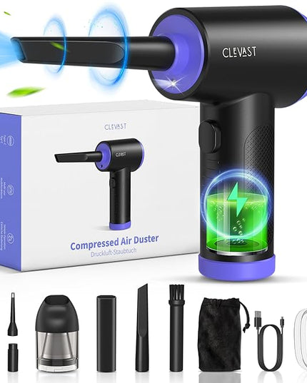 CLEVAST Compressed Air Duster - 3 Gear 110000RPM Electric Air Duster, 3 in 1 Versatile with LED - Cordless Dust Blower & Mini Vacuum & Inflating for PC, Computer, Keyboard, Rechargeable Canned Air