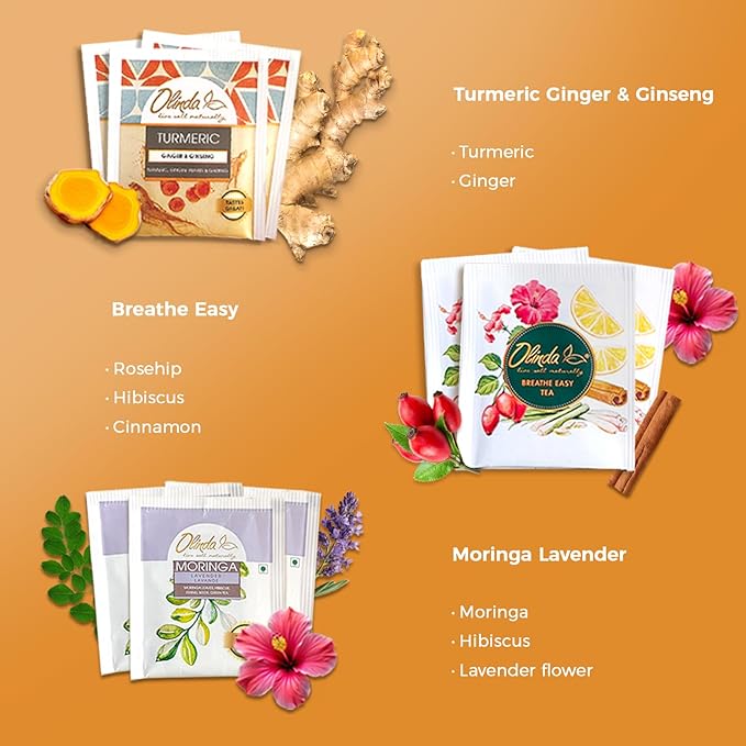 Olinda Health & Vitality Tea Gift Box Tea Samplers Tea Bags Low Caffeine Detox Energy Tea Natural Herbal Gift Set Premium 9 Variety Pack Individually Wrapped 45 Tea Bags 1 Tea Box Tea Gifts for Women