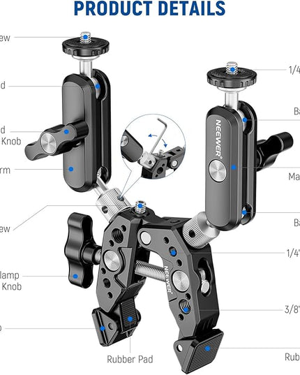 NEEWER Heavy Duty Super Clamp with Two 360° Dual Ball Head Magic Arms, 1/4" 3/8" Screw Threads, Phone & Action Camera Mount Adapter for Flat/Round Surface Compatible with GoPro DJI Insta360 DSLR