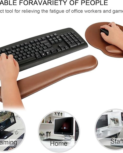 RICHEN Ergonomic PU Leather Keyboard Wrist Rest and Mouse Pad with Wrist Support, Memory Foam Set for Computer/Laptop,Gaming and Office, Comfortable for Easy Typing & Pain Relief (PU Brown)