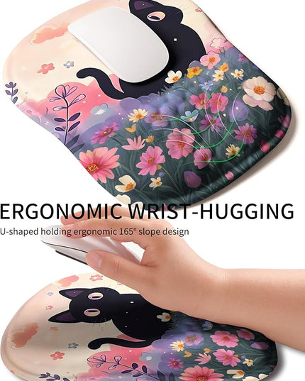 Hokafenle Ergonomic Wrist-Hugging Mouse Pad Wrist Support, U-Shaped Holding Wrist Rest Mousepad for Carpal Tunnel Pain Relief with Cushioned Memory Foam Slope Massage Bulge (10.2x8.3 in,Flower Cat)
